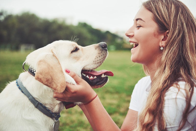 profile view of a smiling girl holding a golden retrievers smiling face with her hands with green grass behind them. Showing that allergies can be addressed through functional medicine.