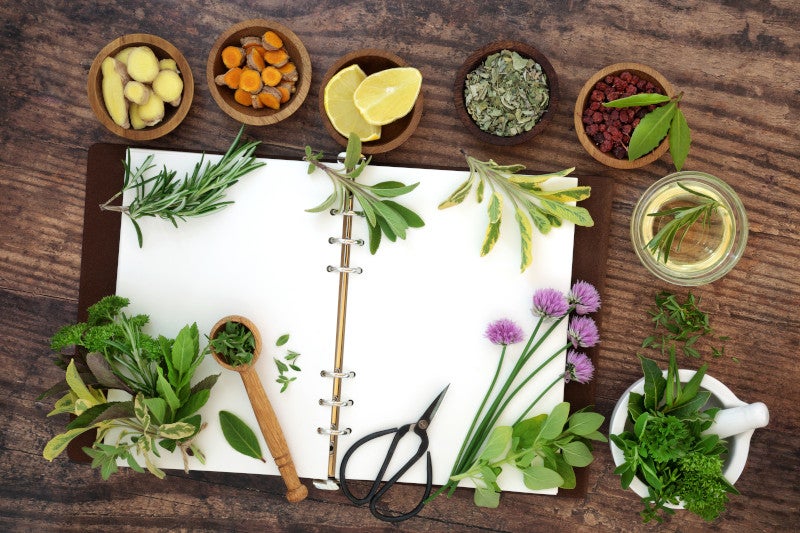Flat lay of fresh spices and herbal medicines scattered around open white notebook on rustic wood table. These herbs and spices may help in reducing histamine and mast cell activation, which are linked to the reduction of migraine symptoms.