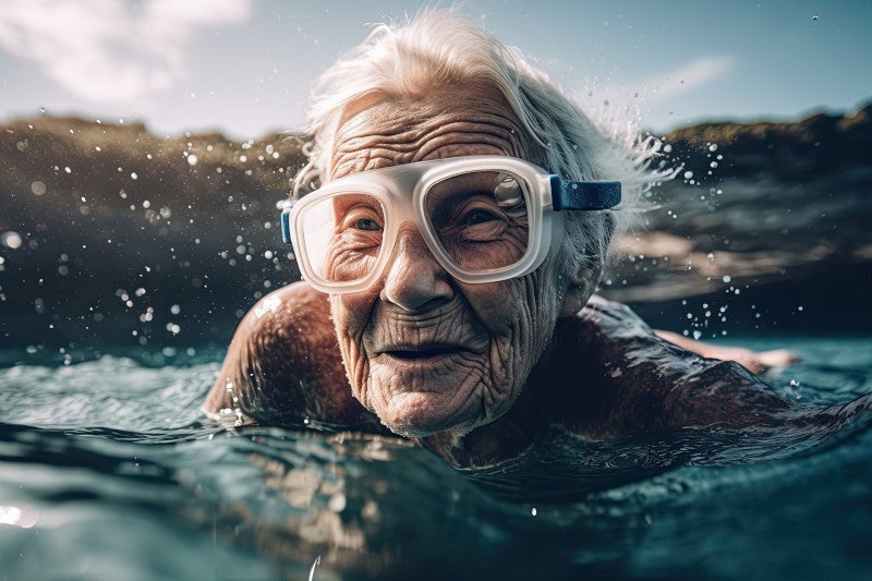 Close up of a happy elderly woman and functional medicine patient swimming in the sea with clear goggles on, excited to be using exercise as a way to improve her health and longevity.