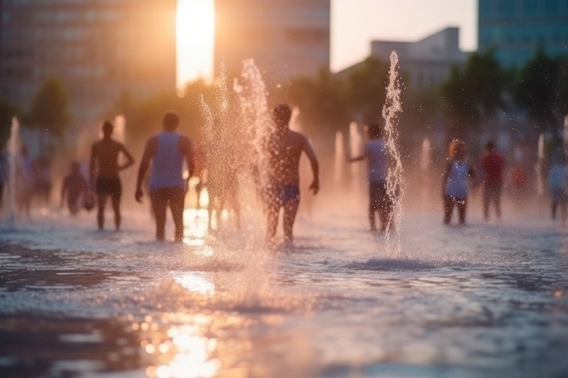 People in a city, cooling off in a fountain of water and using functional medicine to support their heart health during climate change.